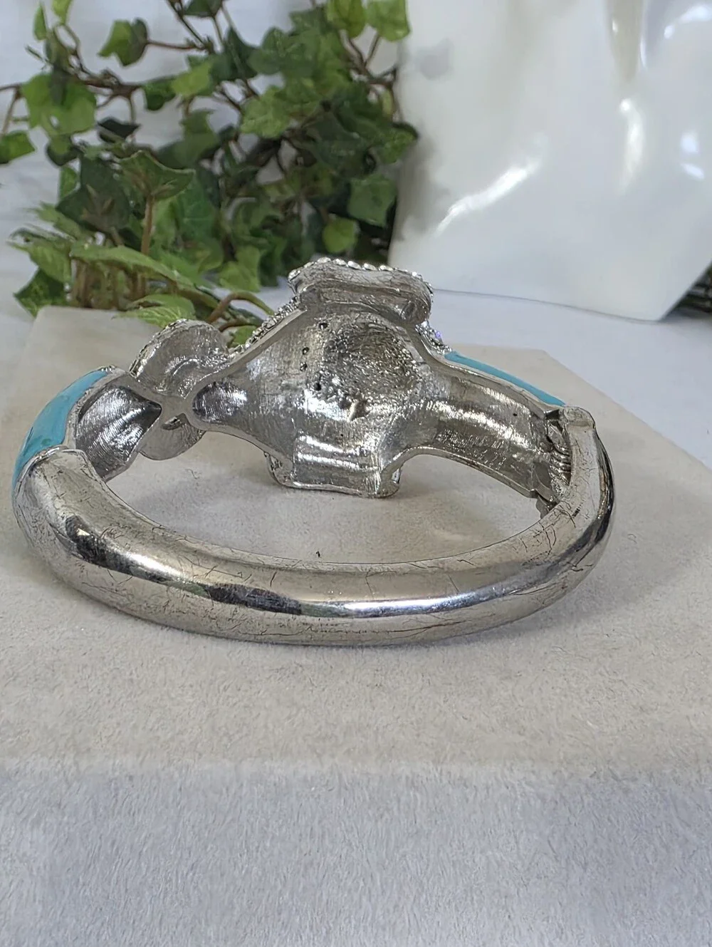 Dazzling Rhinestone Elephant Turquoise Enamel Clamper Statement Bracelet